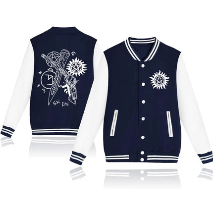 New Supernatural Print Baseball Jacket Women Men Casual Loose Jacket Autumn Winter Sweatshirt Long Sleeve Jersey Tops