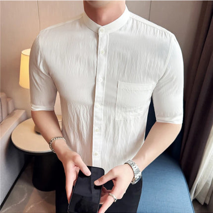 Summer New Chinese Style Stand Up Collar Shirt High Quality Slim Fit Half Sleeved Casual Social Party Shirt Men's Clothing 4XL-M