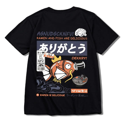 2024 Japanese fun ramen fish print hip hop men's casual comfortable cotton short sleeve T-shirt