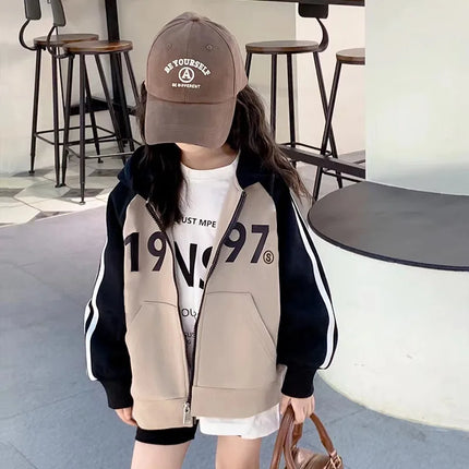 Spring Autumn Girls Cotton Contrast Striped Zip Sweatshirt Jacket School Kids Track Hoodie Child Work Jumper Coat Tops 3-16Years