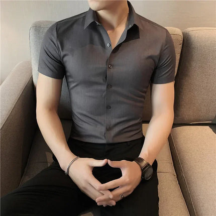 2025 Summer Ice Silk Seamless Shirt High Quality Silky Smooth Short Sleeve Slim Casual Business Tuxedo Shirts Mens Clothing 4XL