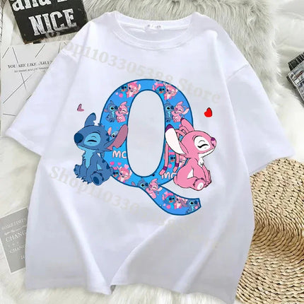Disney Stitch T-shirts for Women Men Anime Letter A-Z Printed Short Sleeved Shirt Female Male Summer Fashion Top Adults Clothes
