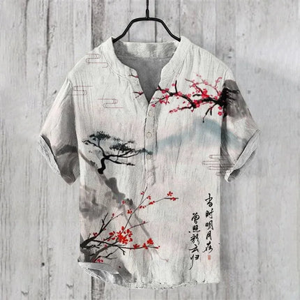 Henry men's casual fashion outdoor seaside men's tops shirt V-neck linen shirt 2024 new plus size