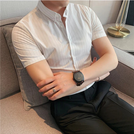 High Quality Pinstripe Casual Shirts  For Men 2024 Summer Slim Fit Business Social Elastic Social Party Shirt Plus Size 4XL-M