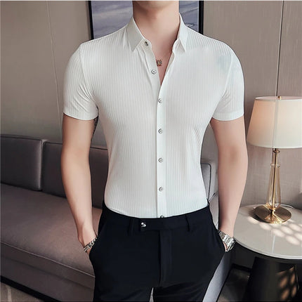 2024 Summer High Elasticity Seamless Short Sleeve Shirts Fashion Stripes Men Business Formal Wear Slim Fit Casual Dress Shirt