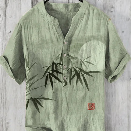 New pine tree landscape 3D printing stand collar short sleeve shirt foreign trade fashion casual loose bamboo fiber linen shirt
