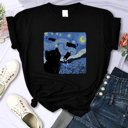 The Starry Cat Night Women T Shirts Fashion Breathable Cool Short Sleeve Street Hip Hop Tops Casual All-math Female Tee Clothing