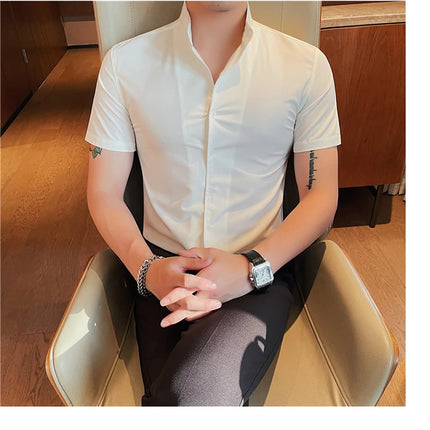 Men's Summer Fashion Stand Collar Business Casual Short Sleeve Shirt Luxury Slim Fit Solid Dress Shirt Brand Men Clothes 5XL-M