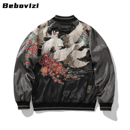 Japanese Men Baseball Jackets High Quality Autumn Nine-tailed Fox Embroidered Yokosuka Coat Hip Hop Streetwear Harajuku Clothing