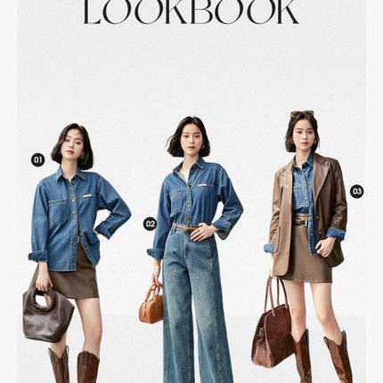 SENTUBILA 100% Cotton Washed Denim Jacket for Women 2025 Spring Retro Loose Patchwork Pockets Leather Logo Coat W43C56148
