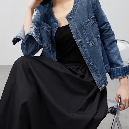 SENTUBILA Pure Cotton Denim Jacket Women 2025 Spring Autumn Outerwear Round Neck Pockets Cropped Jeans Coat Womans W41W53402