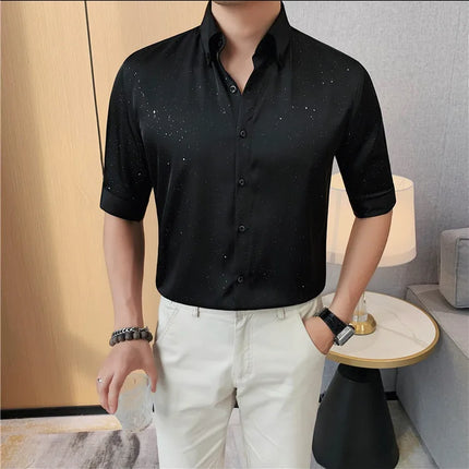 Summer New Powder Shiny Shirts Fashion Men's V-neck Half Sleeve Slim Fit Casual Shirts Social Personality  Top Club Outfits