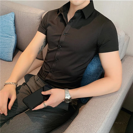 New Summer Men's Short Sleeve Shirt Fashion Business Slim Solid Color Shirt Formal Social Party Casual Dress Men's Clothing 7XL