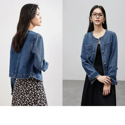 SENTUBILA Pure Cotton Denim Jacket Women 2025 Spring Autumn Outerwear Round Neck Pockets Cropped Jeans Coat Womans W41W53402