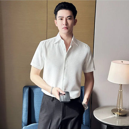 2023 Summer Waffle Short Sleeved Shirt Men Fashion Casual Solid Color Lapel Loose Shirt Male Korean Social Business Dress Blouse