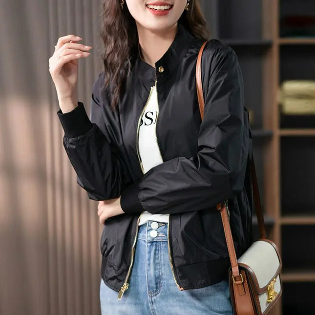 Baseball Aviator Coat Woman Zip-up Black Spring Autumn Plain Bomber Jacket for Women 2025 Trend Fashion High Quality Long Sleeve