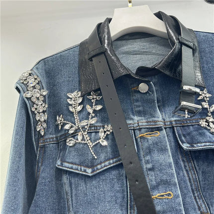 WTHT Vintage Women Heavy Indesty Spliced Leather Diamond Denim Jacket Fashion Lapel Long Sleeves Coat Female 2025 Summer 1LS1647