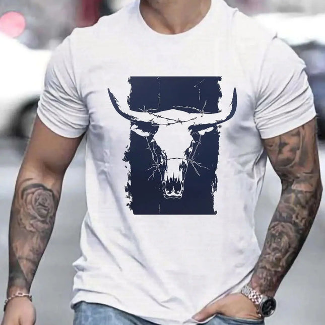 Summer men's 100% pure cotton casual loose plus size Western bull head pattern printed round neck short sleeved T-shirt top