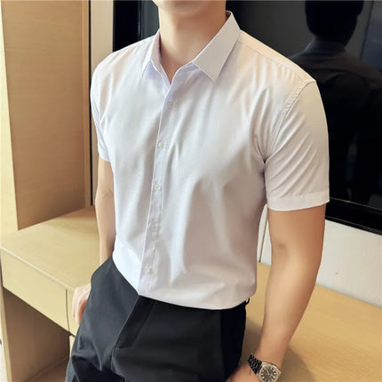 High Quality Ice Silk Elastic Jacquard Shirts 2024 Summer New Men Casual Short Sleeved Slim Fit Business Versatile Shirt 4XL-M