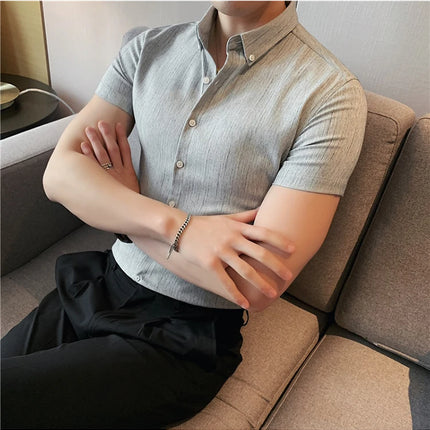 Plus Size 4XL-M Summer Mens Dark Striped Shirts Short Sleeve Fashion 2022 Korean Slim Casual Business Formal Wear Dress Blouse