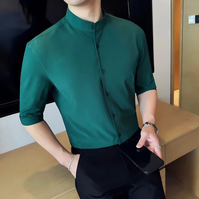 High Quality Chinese Style Stand Up Neck Shirt Men's Summer Mid Sleeved Slim Fit Casual Social Business Blouse Homme 4XL-M