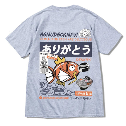 2024 Japanese fun ramen fish print hip hop men's casual comfortable cotton short sleeve T-shirt