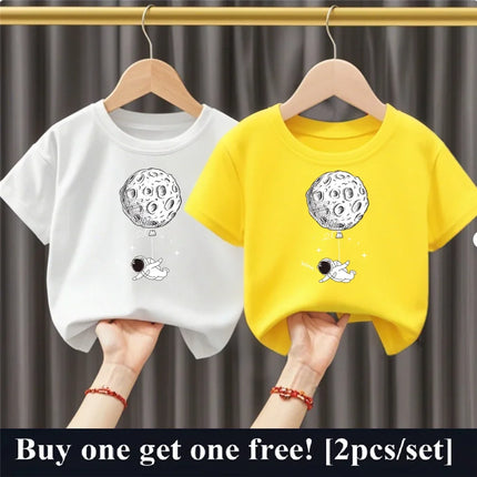 2pcs Boys Cartoon Astronaut  Print T Shirt Set Kids Cotton Short Sleeve Outfit Brother Friend Party Summer Tops 3-14years