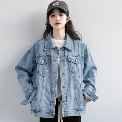 Vintage Women Jacket 2024 Autumn Winter Oversize Denim Jackets Washed Blue Jeans Coat Turn-down Collar Outwear Bomber Jacket