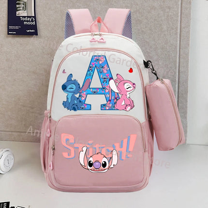 Disney Stitch Backpack with Pencil Bag for Students Anime High-capacity Schoolbag Boys Girls Letter A-Z Printed Backpacks Gifts