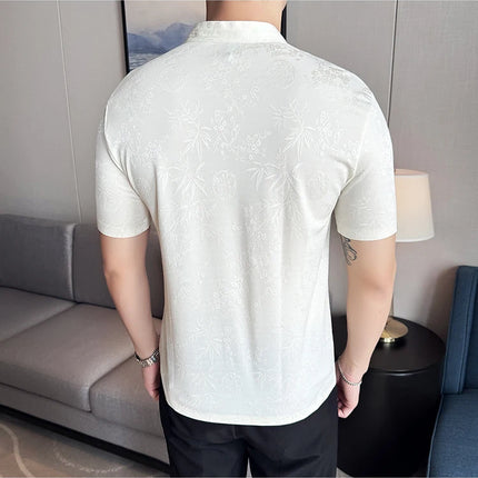 New Chinese Style Stand-up Collar Seamless Polo Shirts Summer Fashion Jacquard Short Sleeve Slim Elasticity Breathable T-shirt