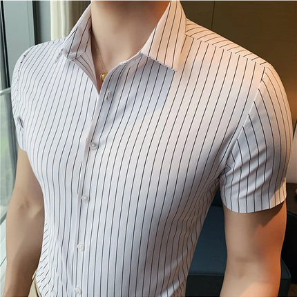 High Quality Ice Silk Traceless Striped Shirt Men's Summer Short Sleeve Slim Casual Business Shirts Tuxedo Men Clothing 4XL-M