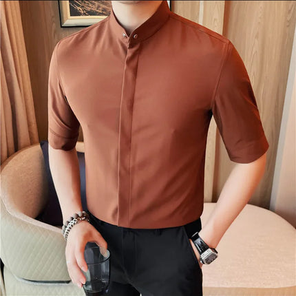 Summer New Standing Collar Half Sleeve Shirts For Men Invisible Button Up Design Slim Casual Business Social Shirt Club Outfits