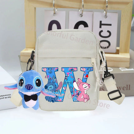 Disney Stitch Canvas Shoulder Bags with Doll Cartoon Letter A-Z Printed Fashion Handbag Multi Pocket Zipper Crossbody Bag Gifts