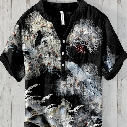 New style simple flower V-neck short-sleeved shirt foreign trade fashion casual loose T-shirt shirt bamboo linen shirt top