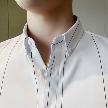 Black/White Summer Half Sleeve Striped Shirts Men 2023 Fashion Business Slim Fit Casual Blouse Social Tuxedos Plus Size 5XL-M