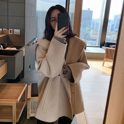 Thickened Hebridean Style Double-sided Woolen Jacket For Women Winter Loose-fit Hooded Overcoat 300lbs Mmplus Size