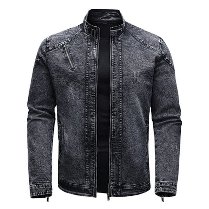New Motorcycle Denim Jacket Men Retro Zippers Stand Collar Denim Coats Mens Cotton Slim Fit Denim Jacket Moto Biker Outerwear
