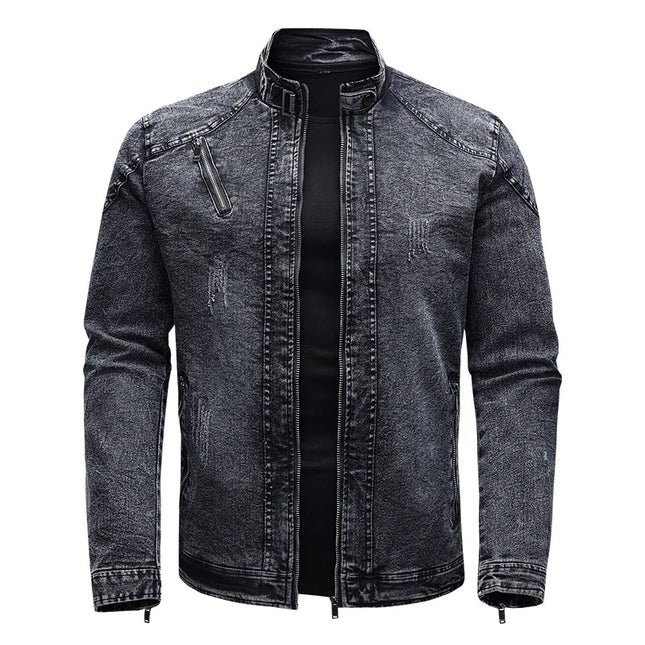 New Motorcycle Denim Jacket Men Retro Zippers Stand Collar Denim Coats Mens Cotton Slim Fit Denim Jacket Moto Biker Outerwear