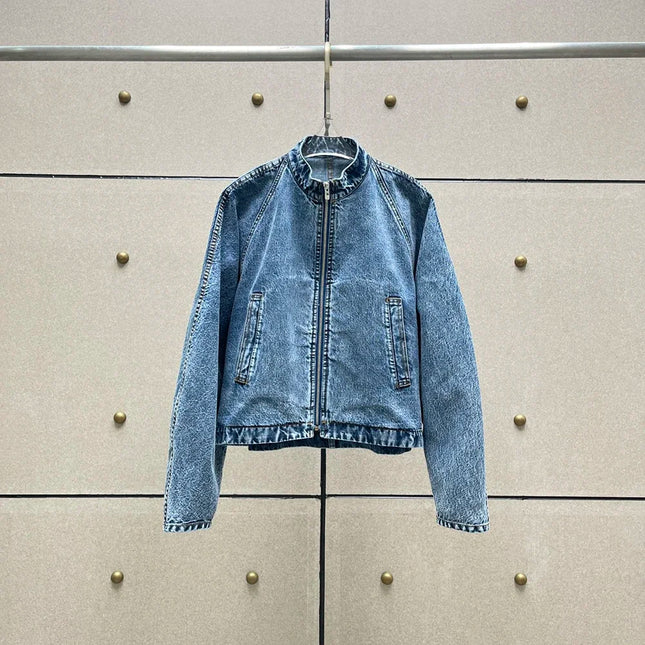 Spring New Round Collar Zipper Double Pocket Denim Coat for Women's Fashion Back Waist Make Old Washed Water Blue Coat