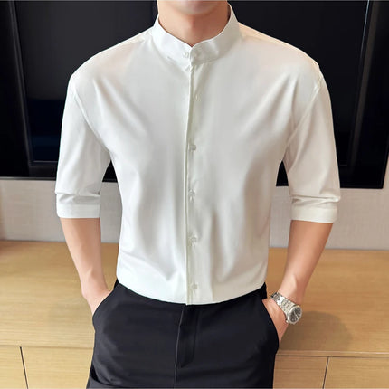 High Quality Chinese Style Stand Up Neck Shirt Men's Summer Mid Sleeved Slim Fit Casual Social Business Blouse Homme 4XL-M