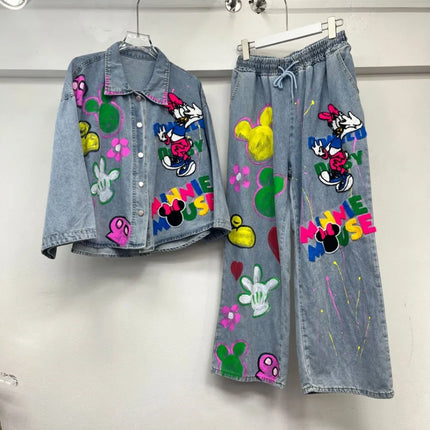 2025 Spring New Women's Beautiful Cartoon Graffiti Coat Heavy Industry Denim Jacket Straight Thin Wide-leg Pants Two-pieces Sets