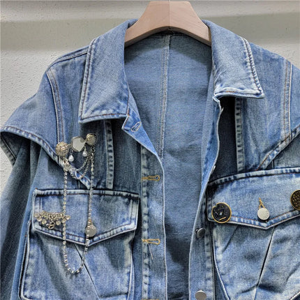 WTHT Fashion Women Metal Chain Decoration 3D Pocket Cargo Denim Jacket 2025 Summer Trendy Lapel Long Sleeves Coat Female 1LS1390