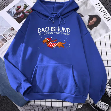 Dachshund Through The Snow Funny Dog Christmas Women Hoody Yule Gift Fashion Loose Pullover Autumn Pocket Sportswear Male Hoodie
