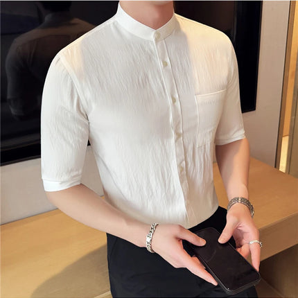 Summer New Chinese Style Stand Up Collar Shirt High Quality Slim Fit Half Sleeved Casual Social Party Shirt Men's Clothing 4XL-M