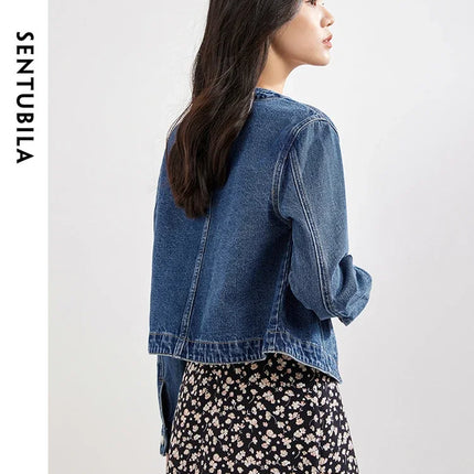 SENTUBILA Pure Cotton Denim Jacket Women 2025 Spring Autumn Outerwear Round Neck Pockets Cropped Jeans Coat Womans W41W53402