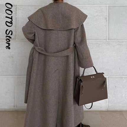 Elegant Shawl Collar Lace Up Long Woolen Coat Women Full Sleeve Belt Lapel Thick Overcoat 2025 Autumn Winter Lady Chic Outwear