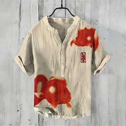 Fashion retro distressed linen breathable men's shirt men's clothing art illustration print fashion v-neck henley men's shirt