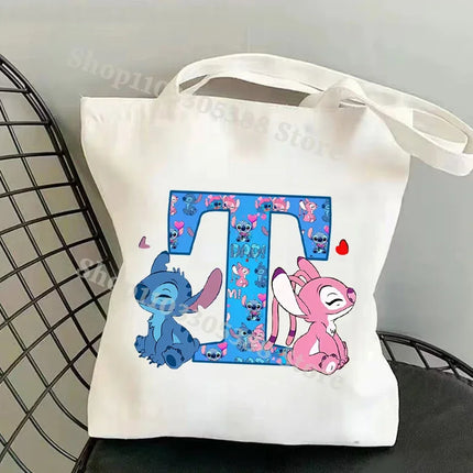 Disney Stitch Fashion Canvas Tote Bag for Women Anime Letter A-Z Printed Shoulder Bag Students Commute Portable Handbags Gifts