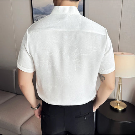 2024 Summer Chinese Style Standing Collar Shirts For Men Fashion Print Short Sleeve Slim Fit Casual Social Party Tuxedo 4XL-M