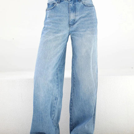 Women Jeans Wide Leg Pants Denim Pockets Streetwear Loose High Waist Full Length Washing Zipper Fly Flat Solid Color 2024